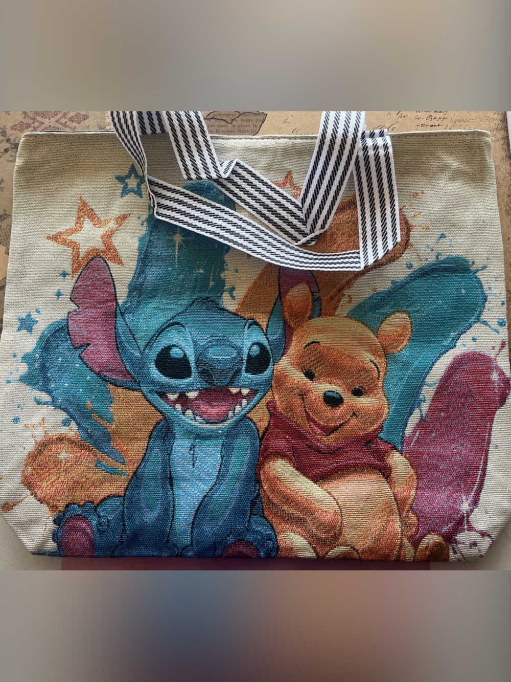 Disney Kids Canvas Tote Bag — Blue, Tan & Pink Character Art